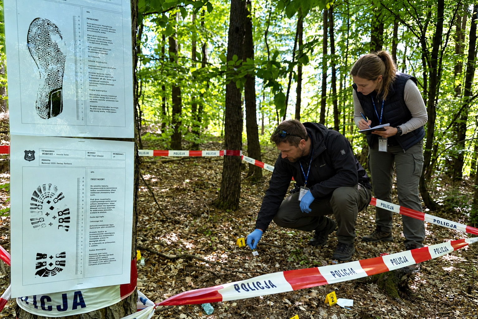 Uczestnicy porównujący tropy podczas terenowego śledztwa